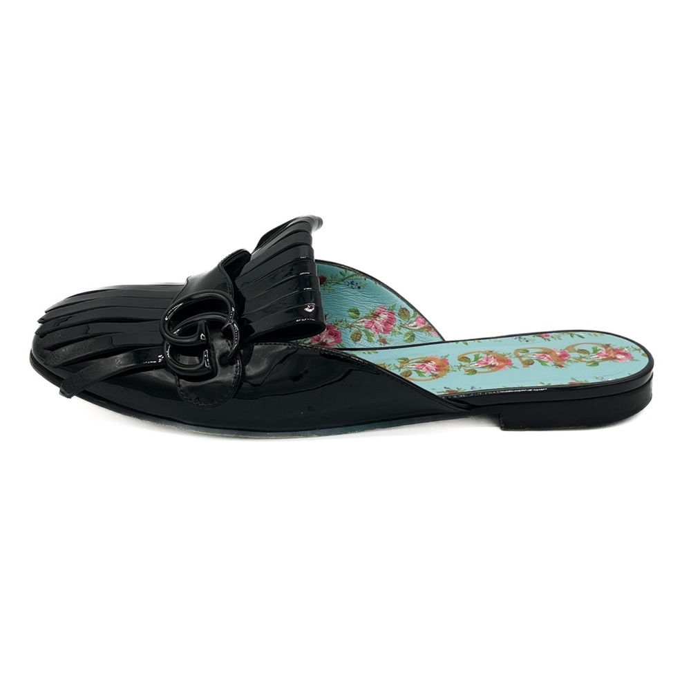 Gucci Black Patent Leather Fringe Mule with Floral Insole